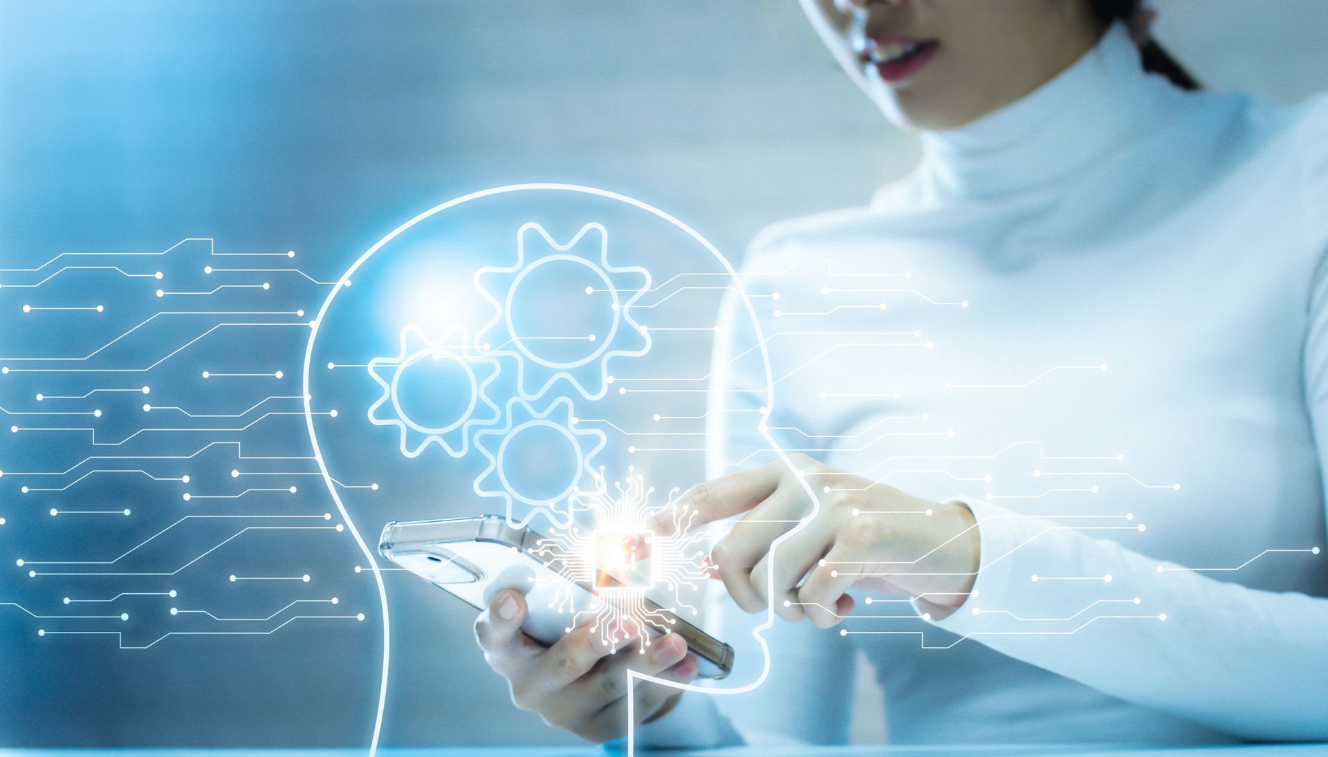 Artificial intelligence(AI) chatbot conversation assistant. Woman using online service ai A.I. automated application support and software Futuristic technology.